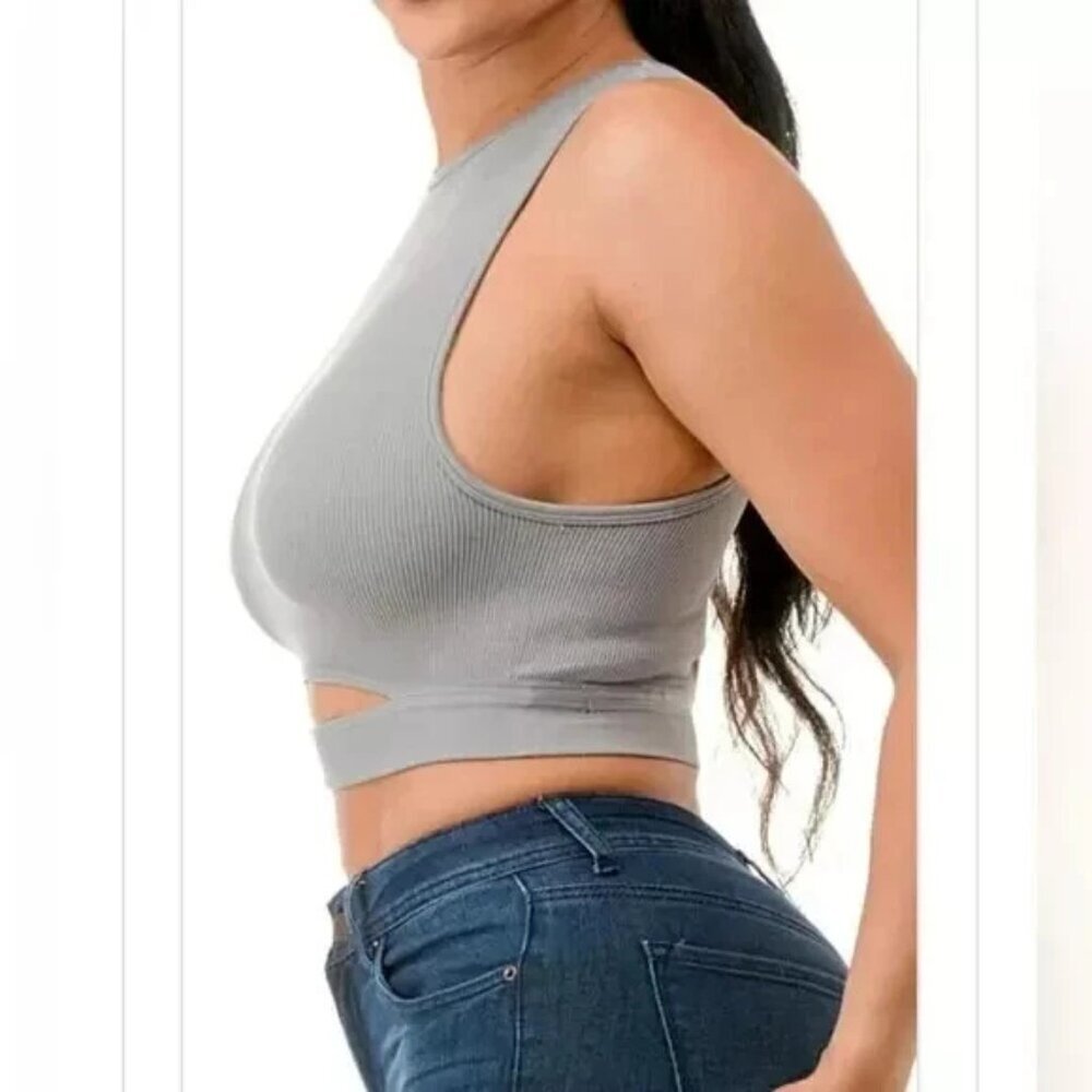 Summer Cropped Ribbed-Knit Tank Top Stretch Fitted OS - Picture 2 of 7